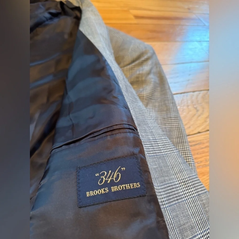 Brooks Brothers Blazer Mens 42L Blue/Black Linen/Wool Window Pane Jacket Sports